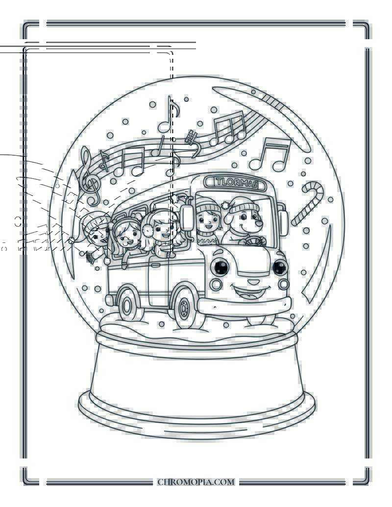 Snow Globe Coloring Page With Tiny Town Bus
