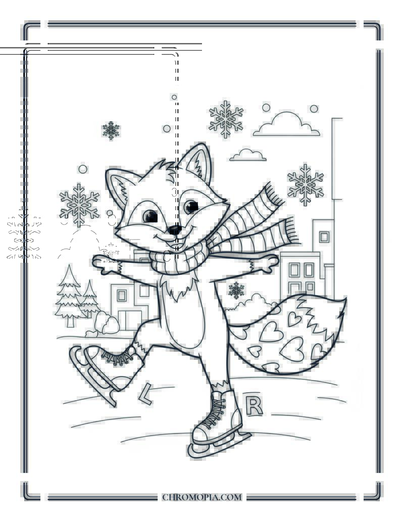 Winter Animal Coloring Page With Ice Skating Fox
