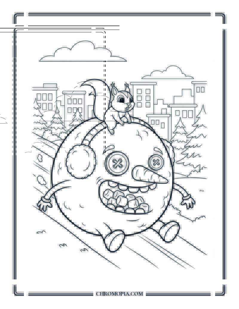 Winter Landscape Coloring Page With Rolling Snowball Monster
