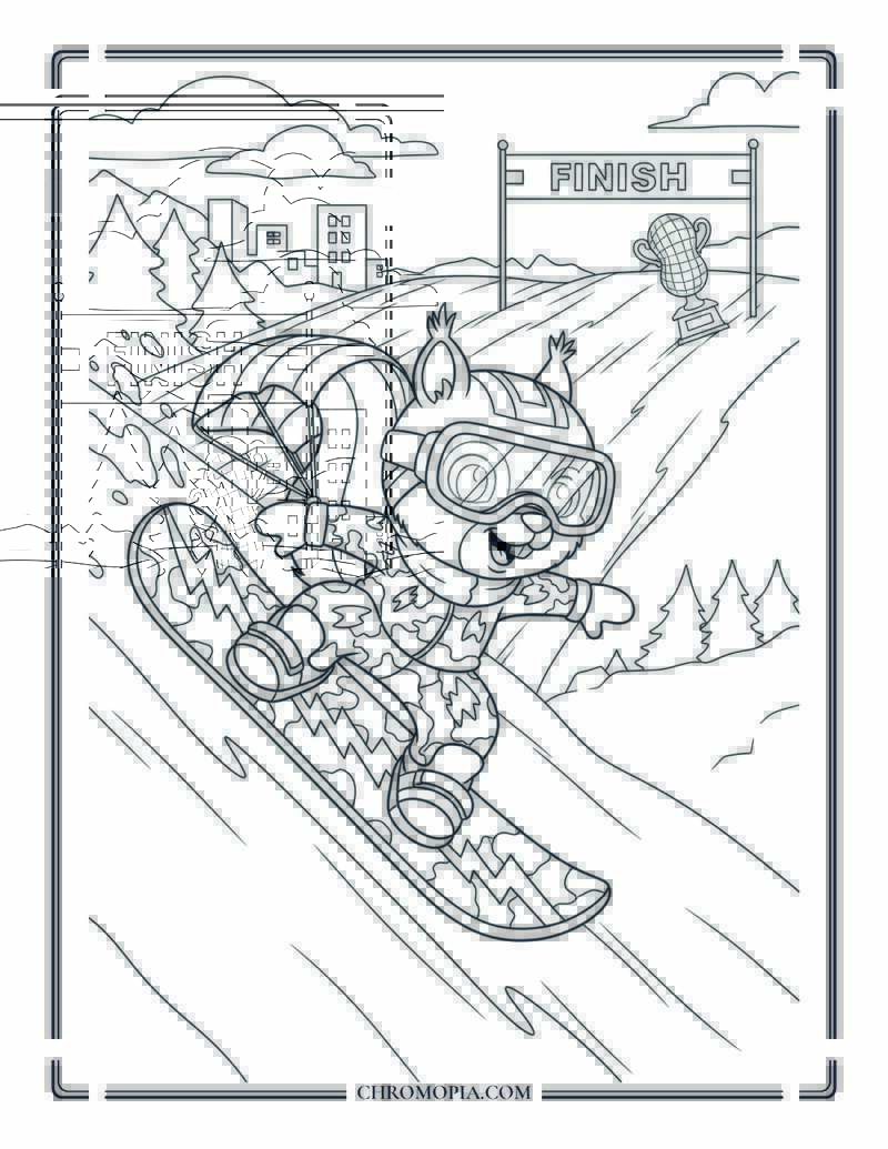 Winter Sports Coloring Page With Snowboard Race Squirrel