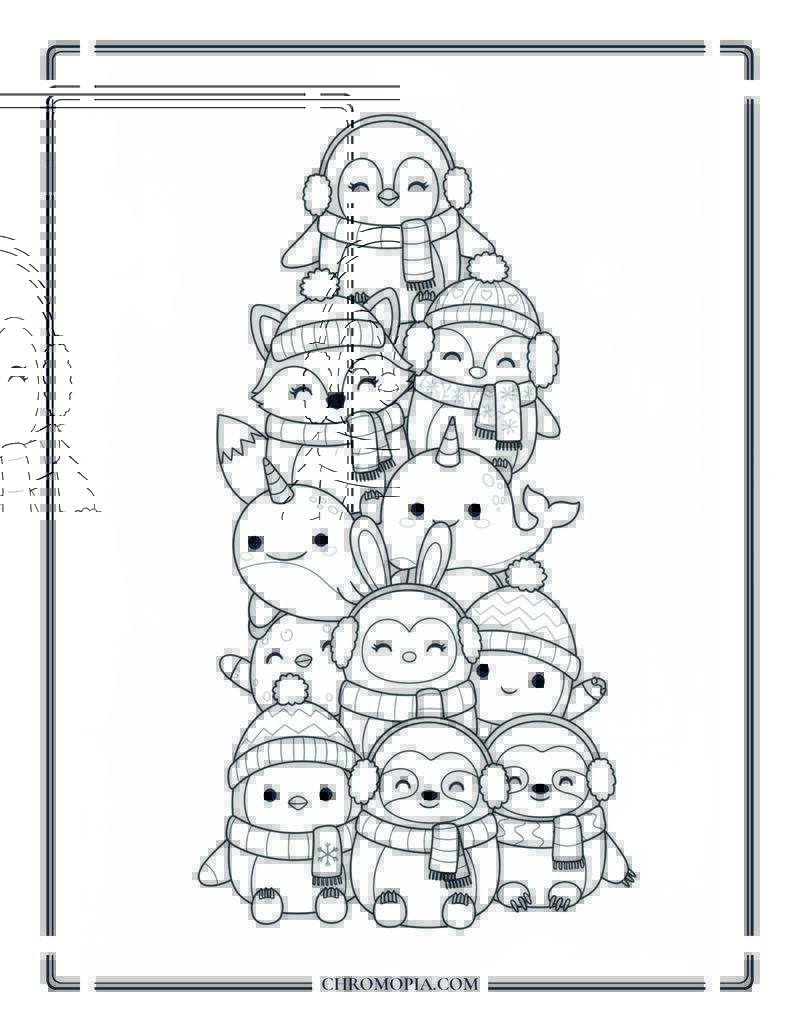 Winter Squishmallow Coloring Sheet With Animal Pile