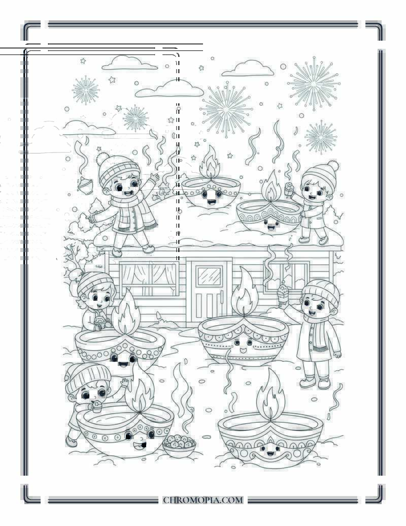 Winter Diwali Lights Coloring Page For Kids