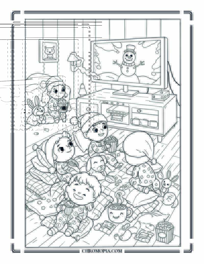 Snow Day Pajama Movie Party Coloring Sheet
