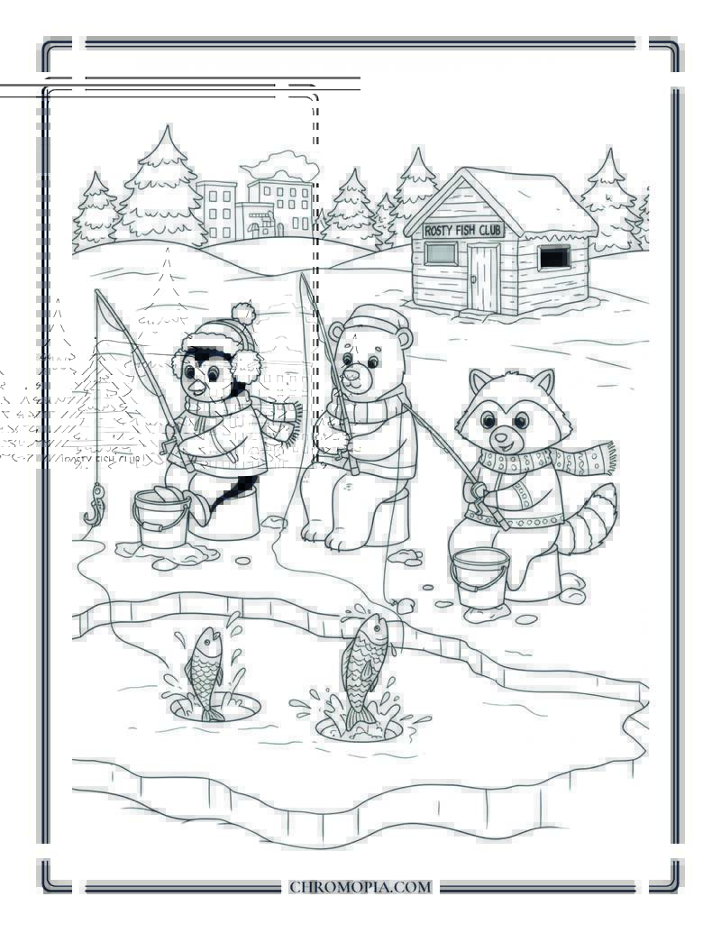 Winter Animal Ice Fishing Coloring Sheet
