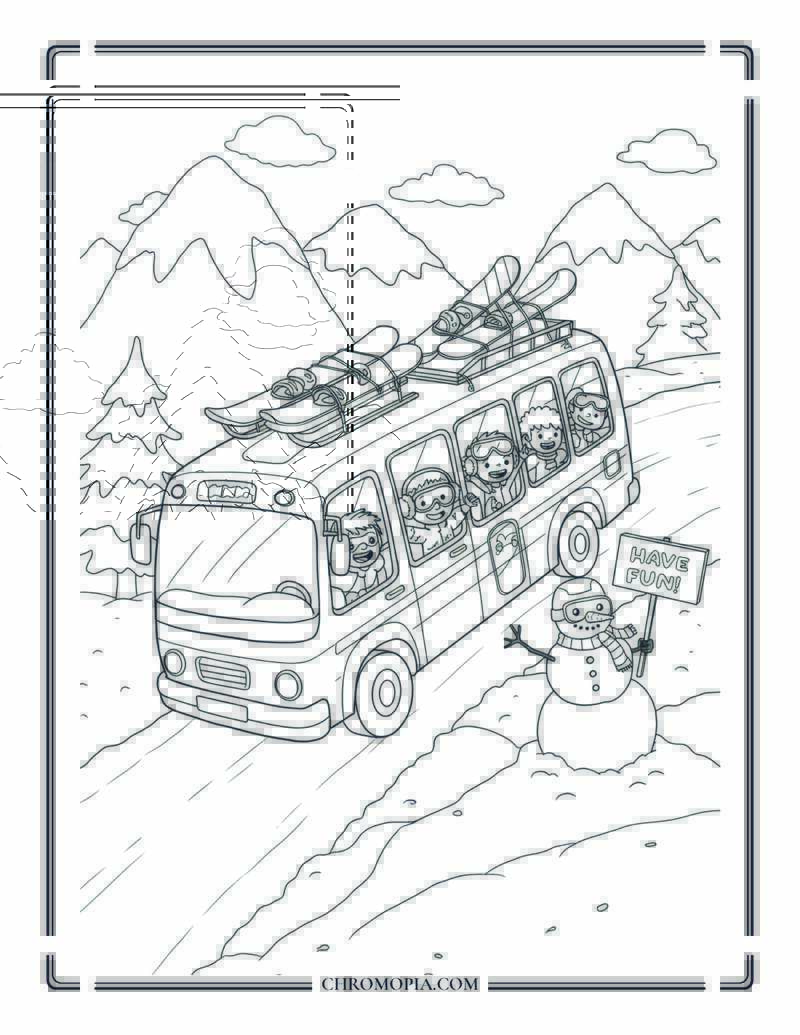 Winter Bus Ride To Mountain Trip Coloring Page
