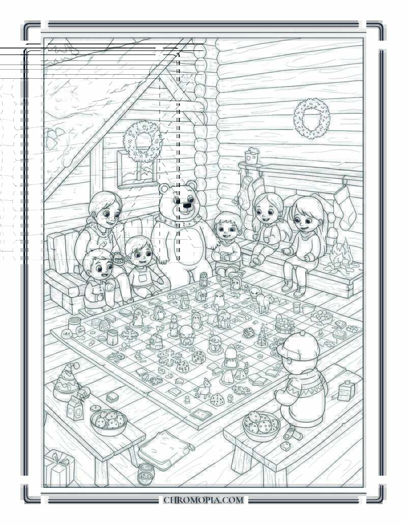 Winter Cabin Board Game Night Coloring Page