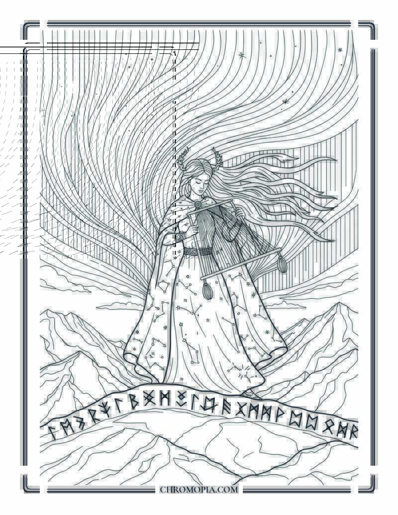 Aurora Goddess Weaving Northern Lights Norse Mythology Coloring Page