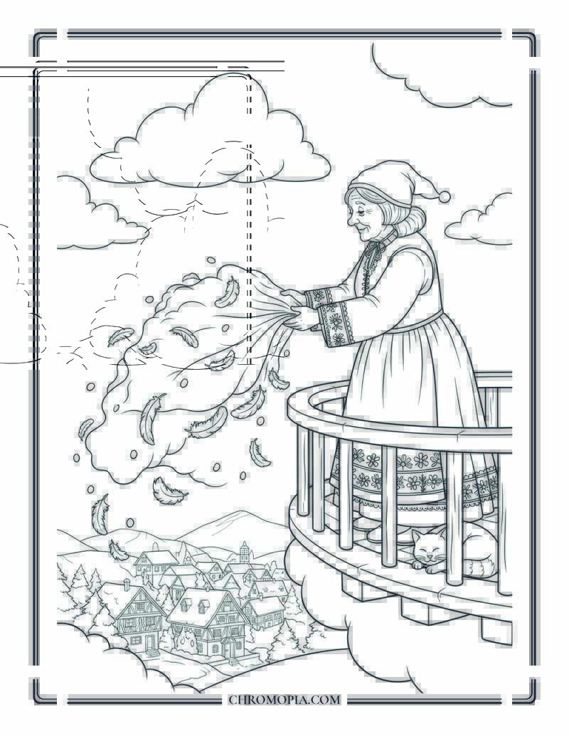 Frau Holle Shaking Her Featherbed German Folklore Coloring Page