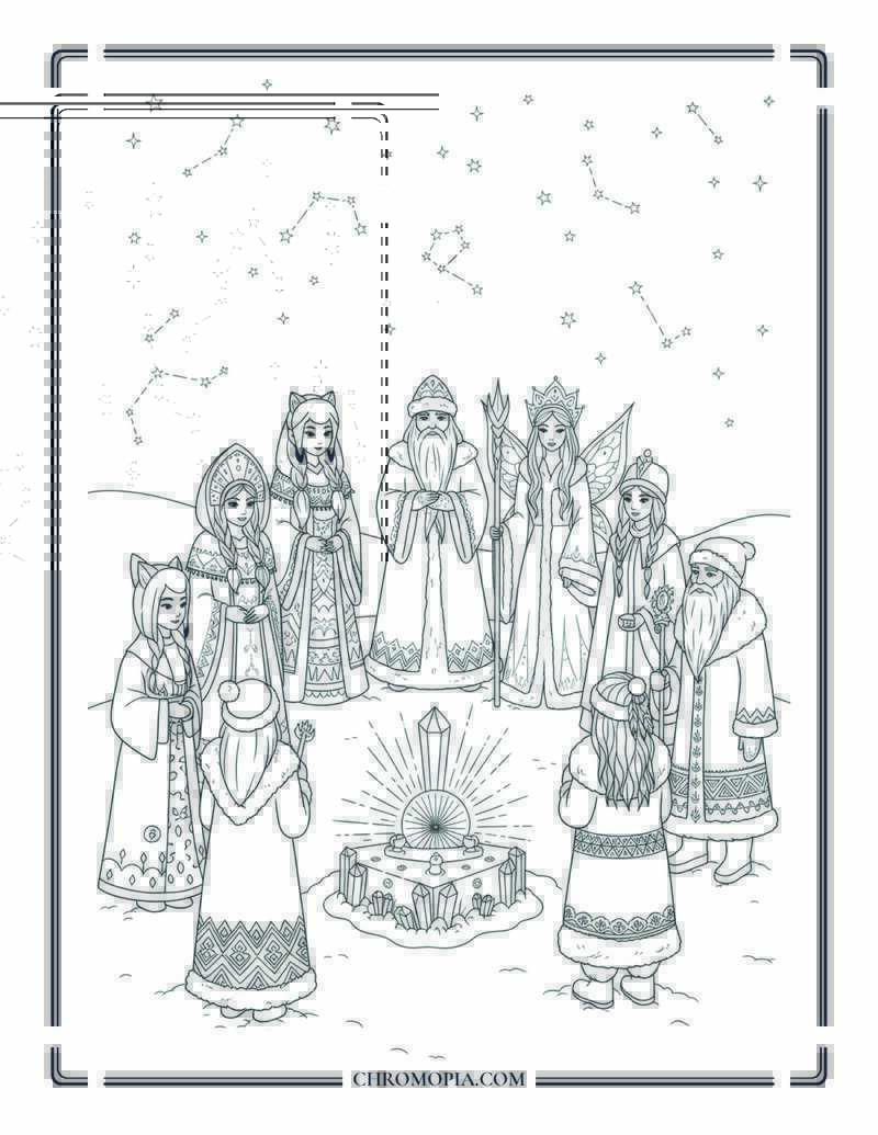Global Winter Deities Gathering At Solstice Altar Coloring Page