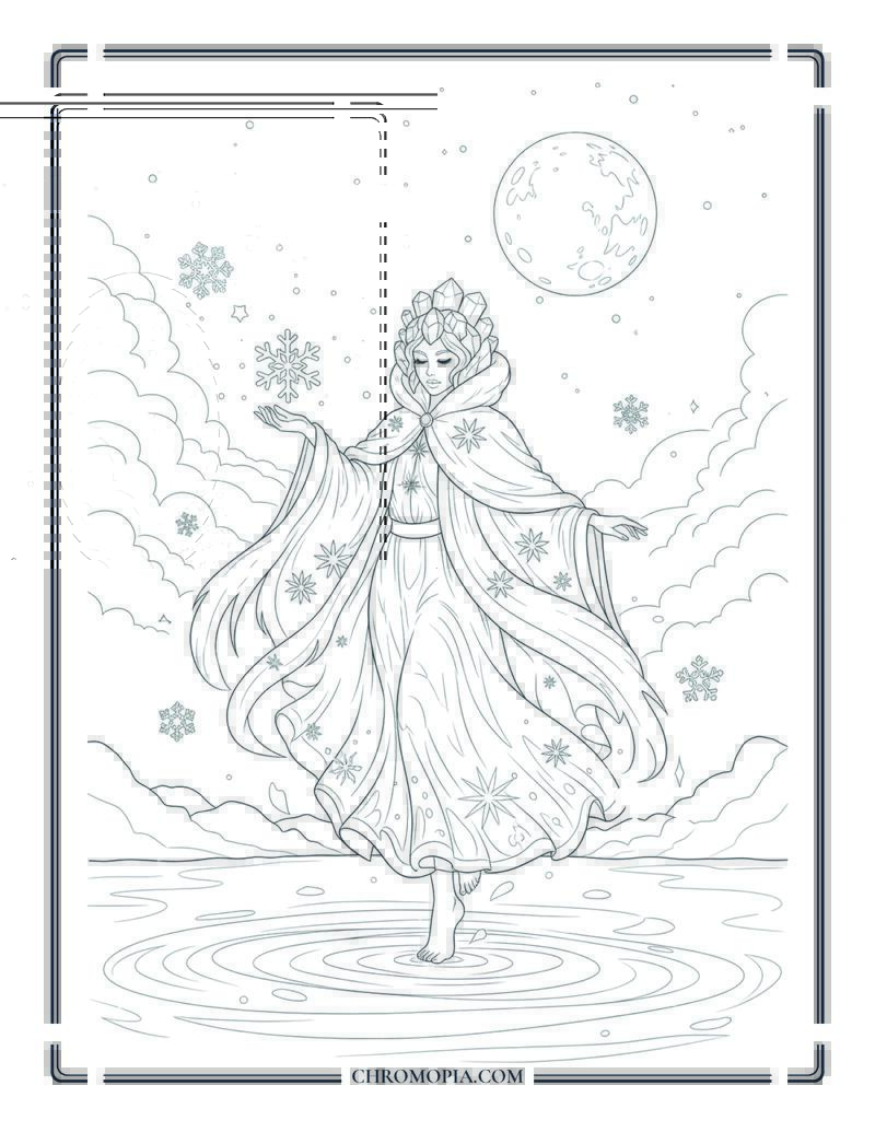 Snow Spirit Dancing Under Full Moon Winter Fantasy Coloring Page