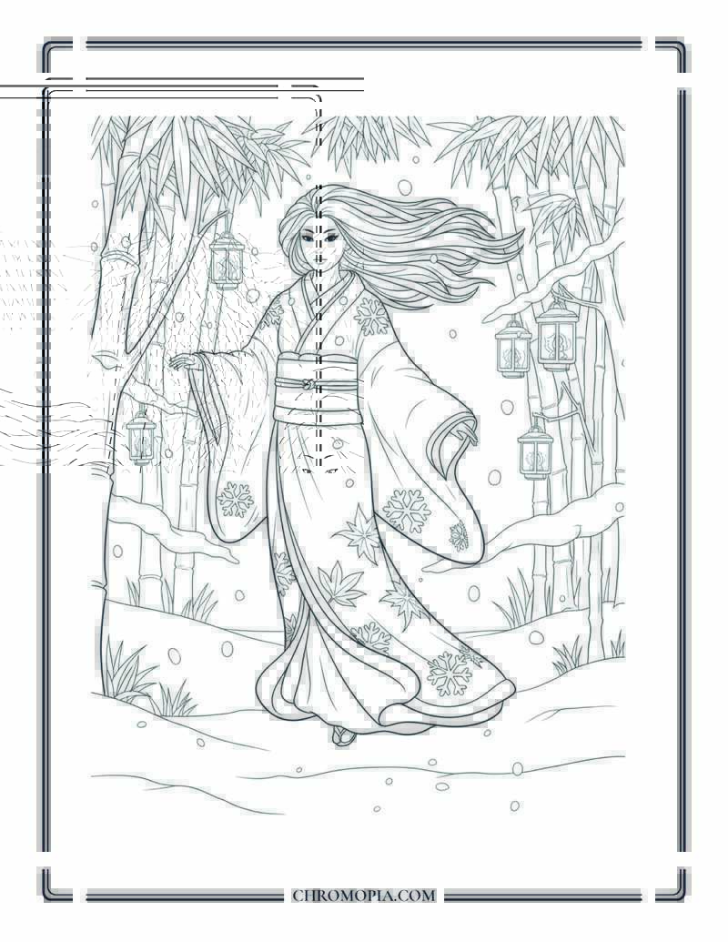 The Yuki Onna Appears In A Snowstorm Japanese Folklore Coloring Page