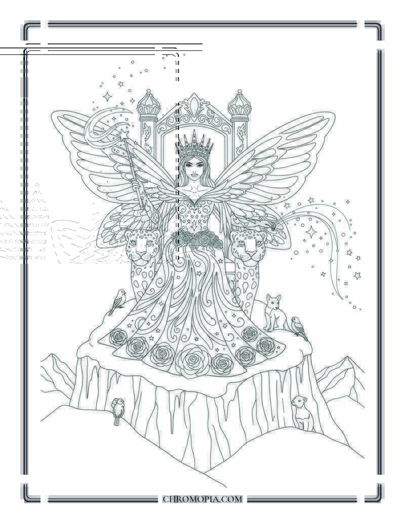 Winter Fairy Queen On A Snow Leopard Throne Fantasy Coloring Page