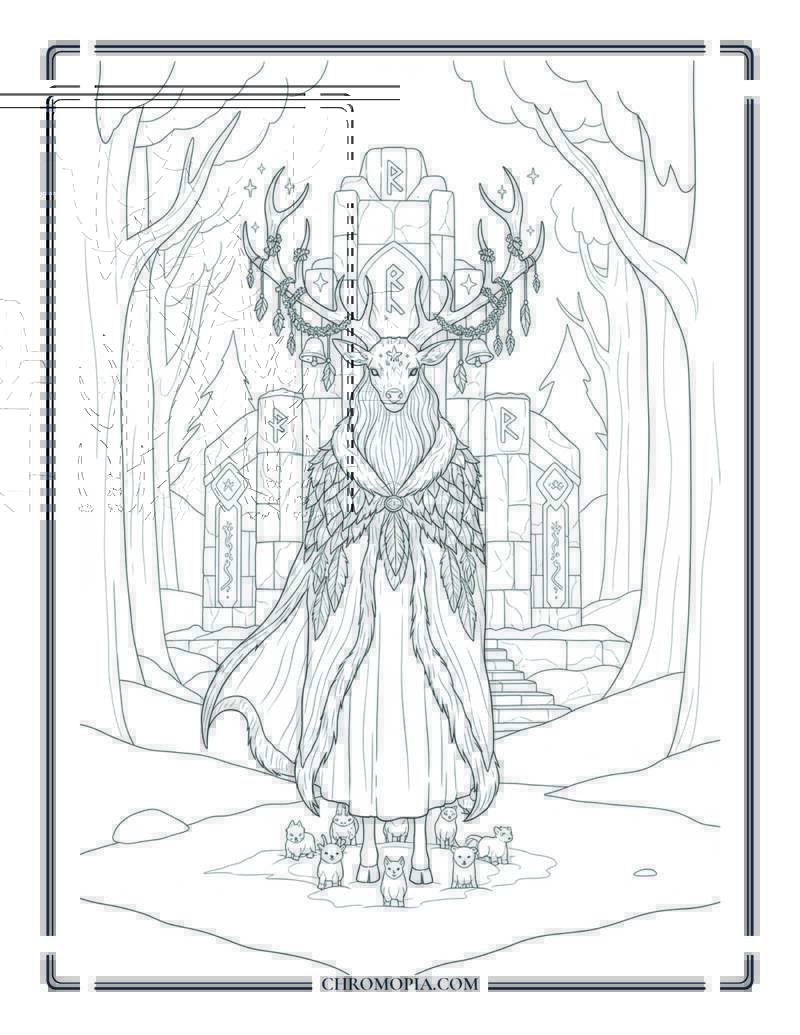 Winter Solstice Deer King In Forest Temple Fantasy Coloring Page
