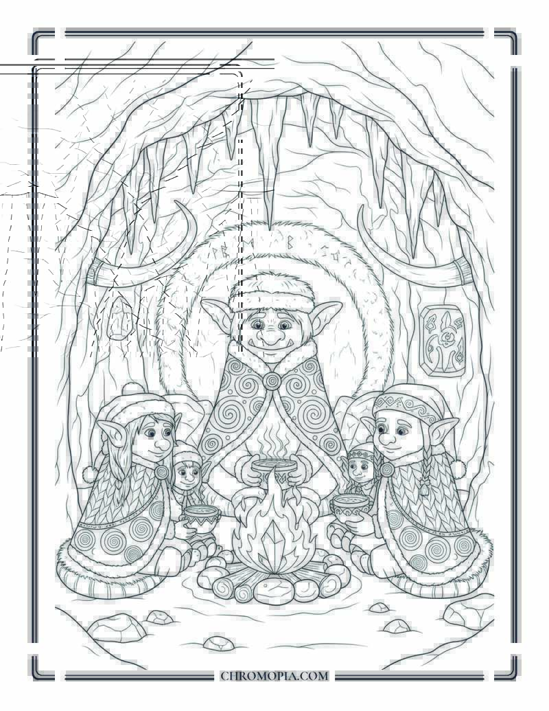 Winter Troll Family In Cozy Cave Nordic Folklore Coloring Page