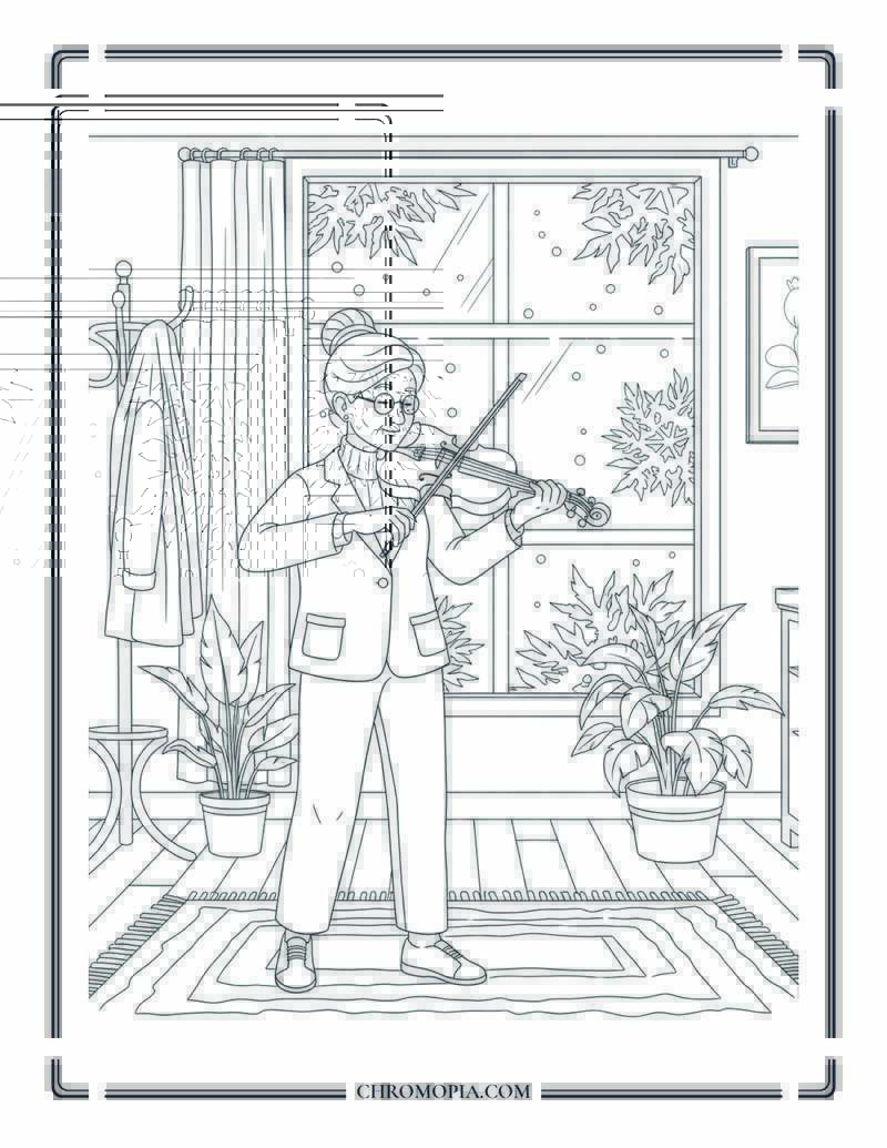 Adult Playing Violin Near Frosted Window Coloring Page