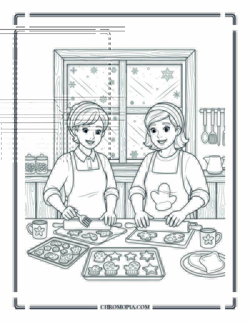 Adults Baking Holiday Cookies In Rustic Winter Kitchen Coloring Page
