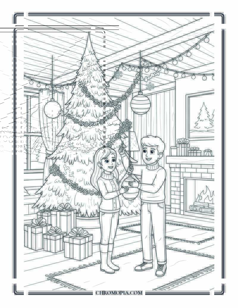Couple Decorating Indoor Tree With Winter Lights And Ornaments Coloring Page