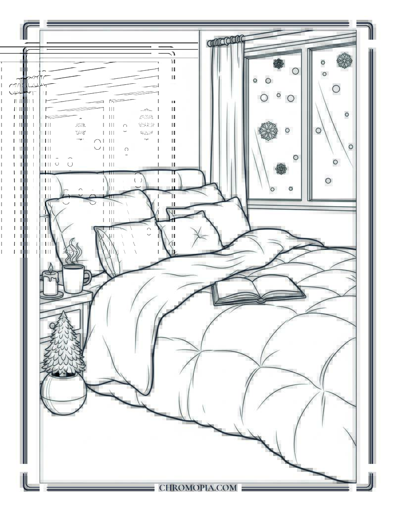 Cozy Bedroom With Puffy Winter Bedding Adult Coloring Page
