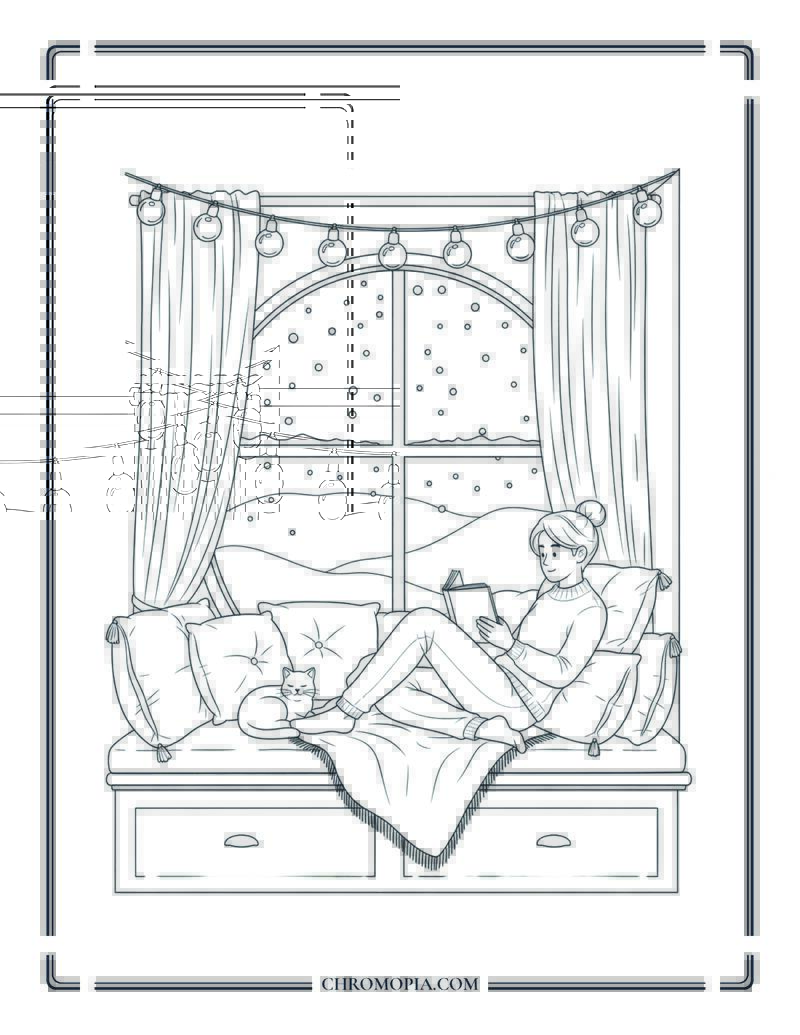 Man Sitting In Window Nook Reading With Hot Cocoa Coloring Page