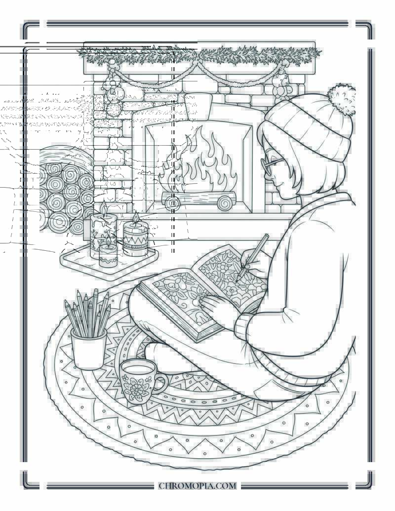 Mindful Adult Coloring Near Crackling Fire Cozy Coloring Page