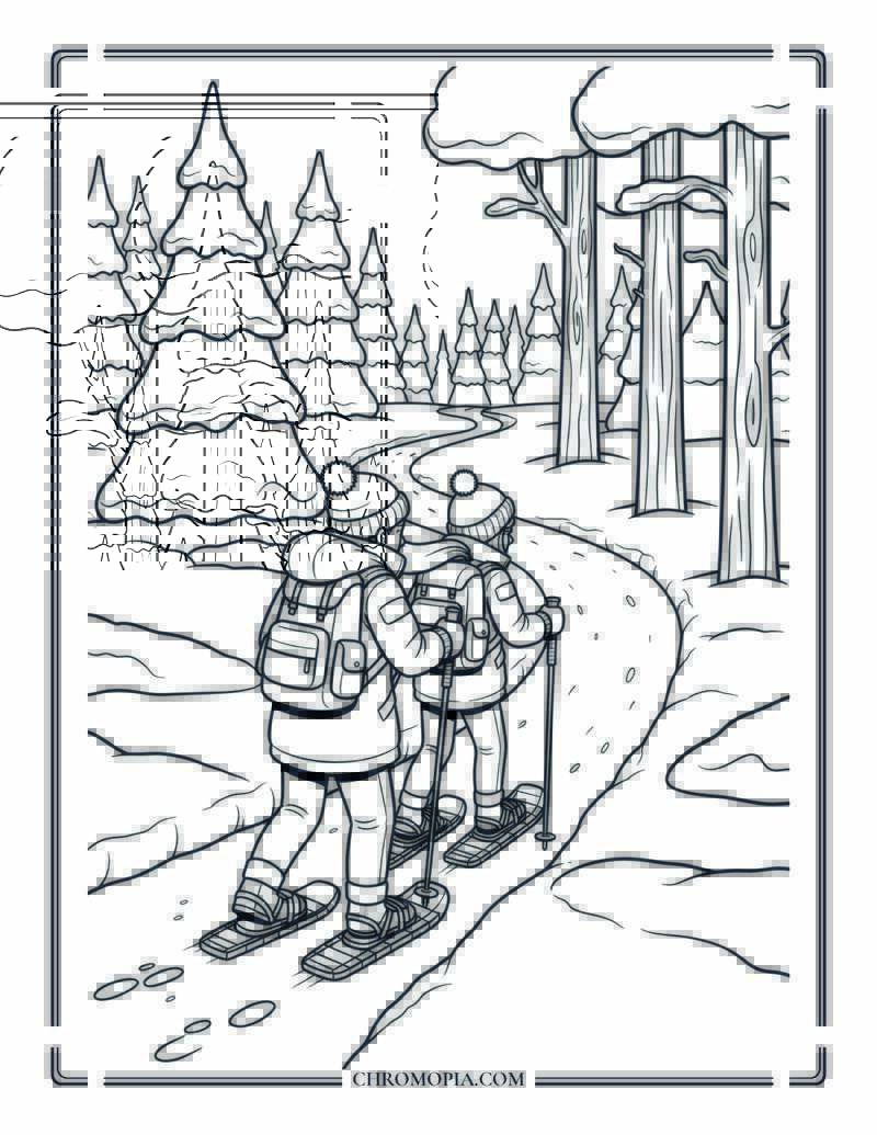 Snowy Forest Hike With Puffy Jackets And Snowshoes Coloring Page
