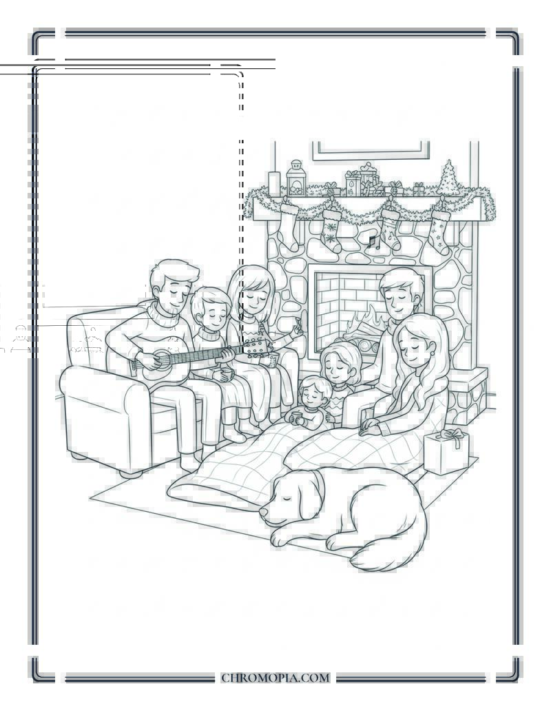 Winter Family Around Fireplace Singing And Laughing Coloring Page