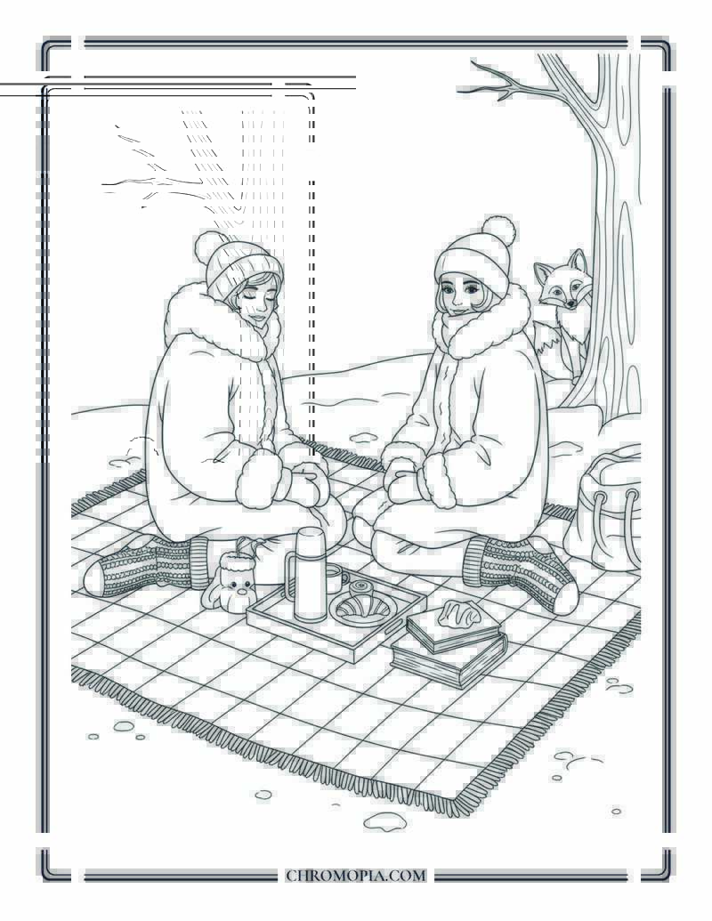 Winter Picnic With Thermos And Wool Blankets Coloring Page
