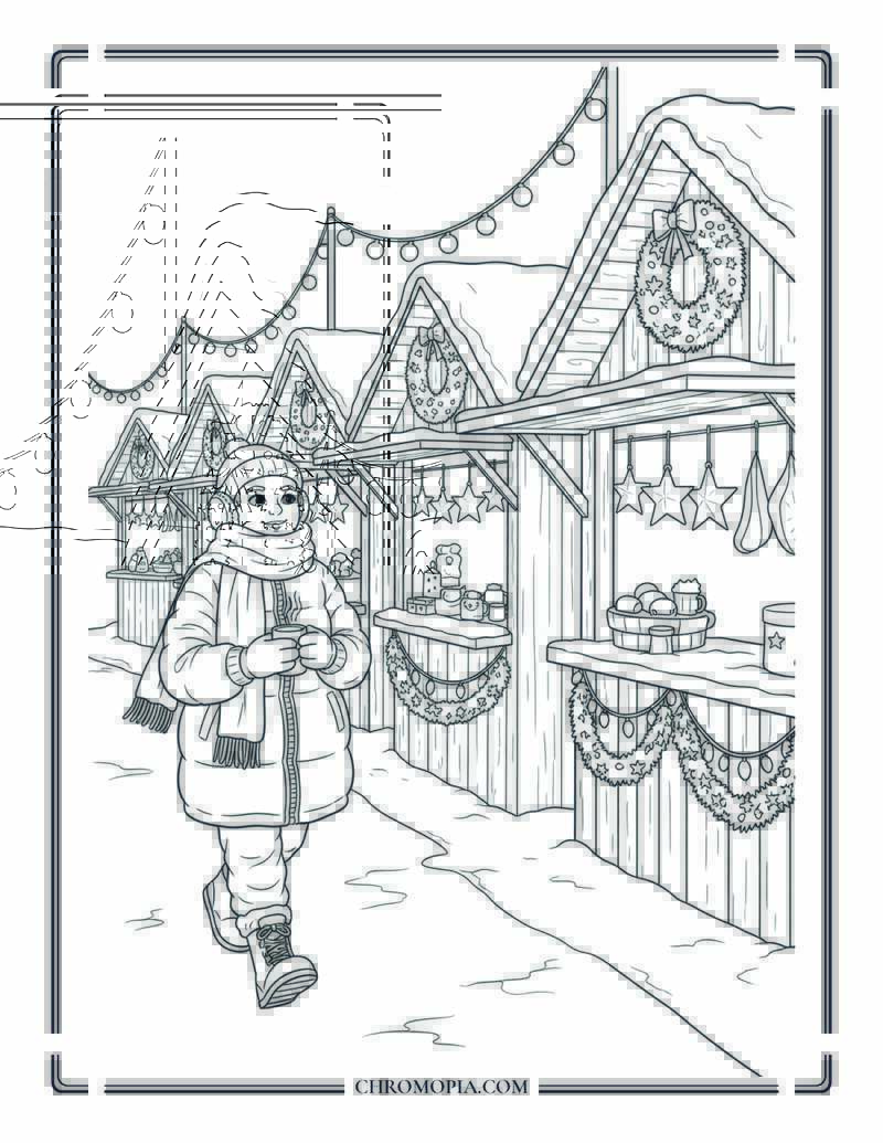 Woman In Oversized Coat Walking Through Snow Covered Street Market Coloring Page