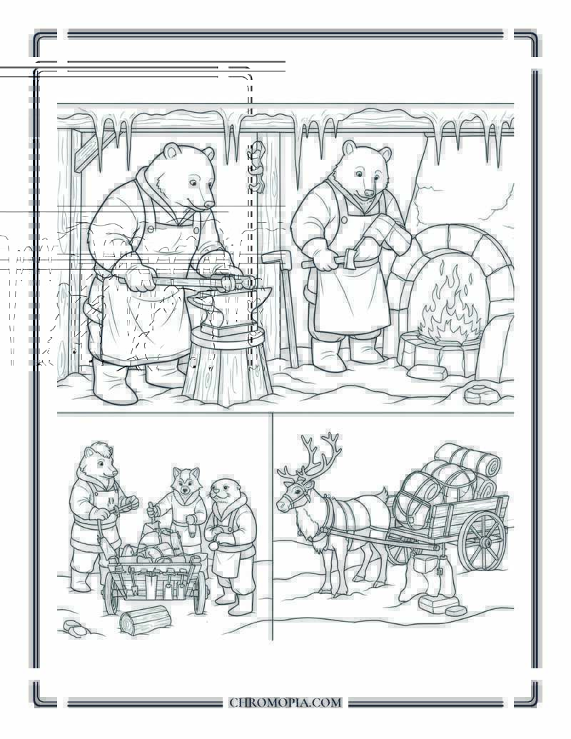 Bear Blacksmith In Snow Forge Town Whimsical Coloring Page