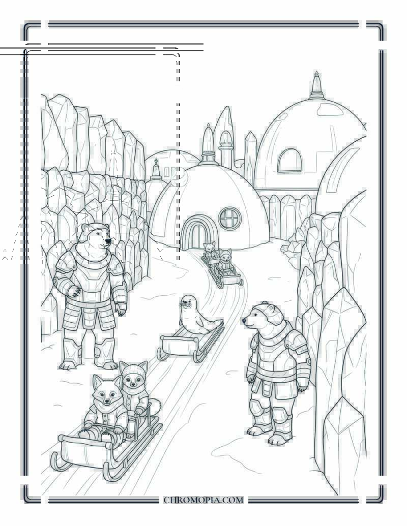 Fantasy Arctic Village With Polar Bear Guards Coloring Page