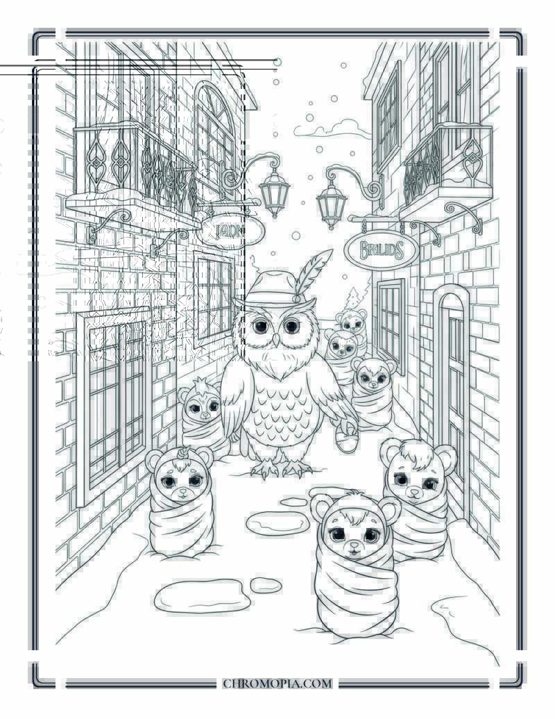 Owl Governess Leading Animal Pupils Through Snowy Village Coloring Page