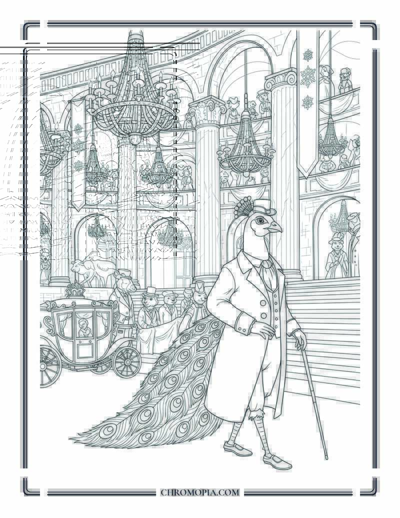 Peacock Aristocrat At Winter Opera House Fantasy Coloring Page