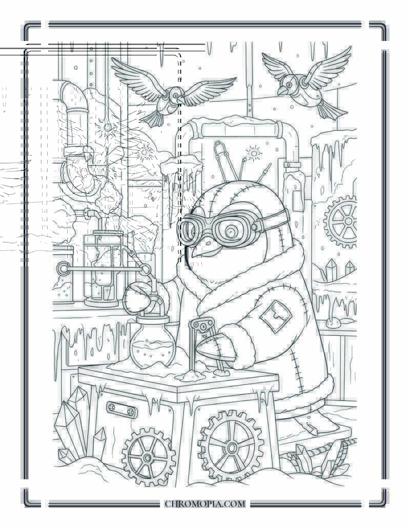 Penguin Inventor In Steampunk Snow Laboratory Whimsical Coloring Page