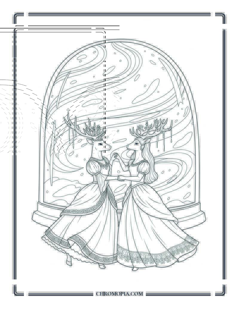 Snowy Ball Dance Of The Royal Stags Fantasy Ballroom Coloring Page