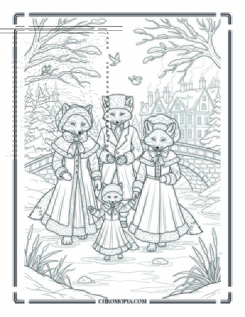Victorian Fox Family Ice Skating On A Frozen River Fantasy Coloring Page