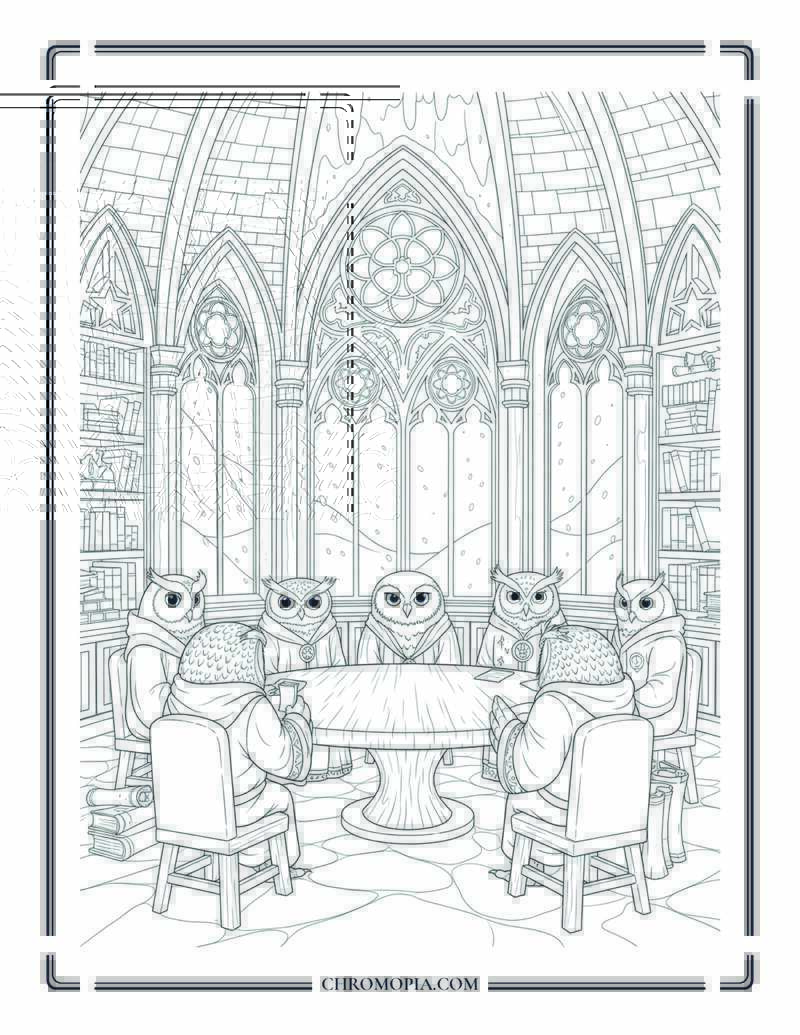 Winter Parliament Of Owls Snow Covered Stone Tower Coloring Page