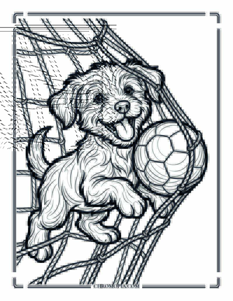 Puppy Tangled In The Soccer Net Coloring Page