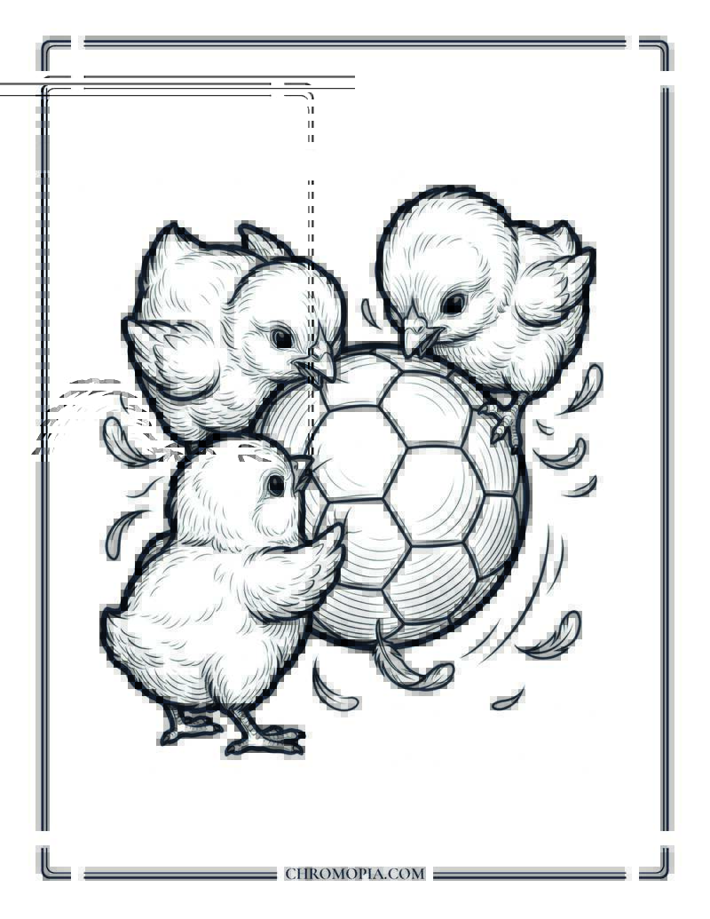 Three Chicks And One Soccer Ball Coloring Page