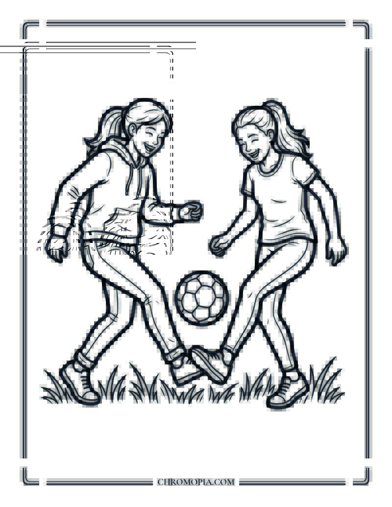 Teen Girls Passing A Soccer Ball Coloring Page