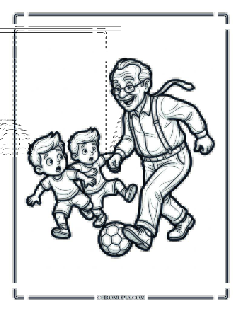 Soccer Grandpa Outrunning The Kids Coloring Page