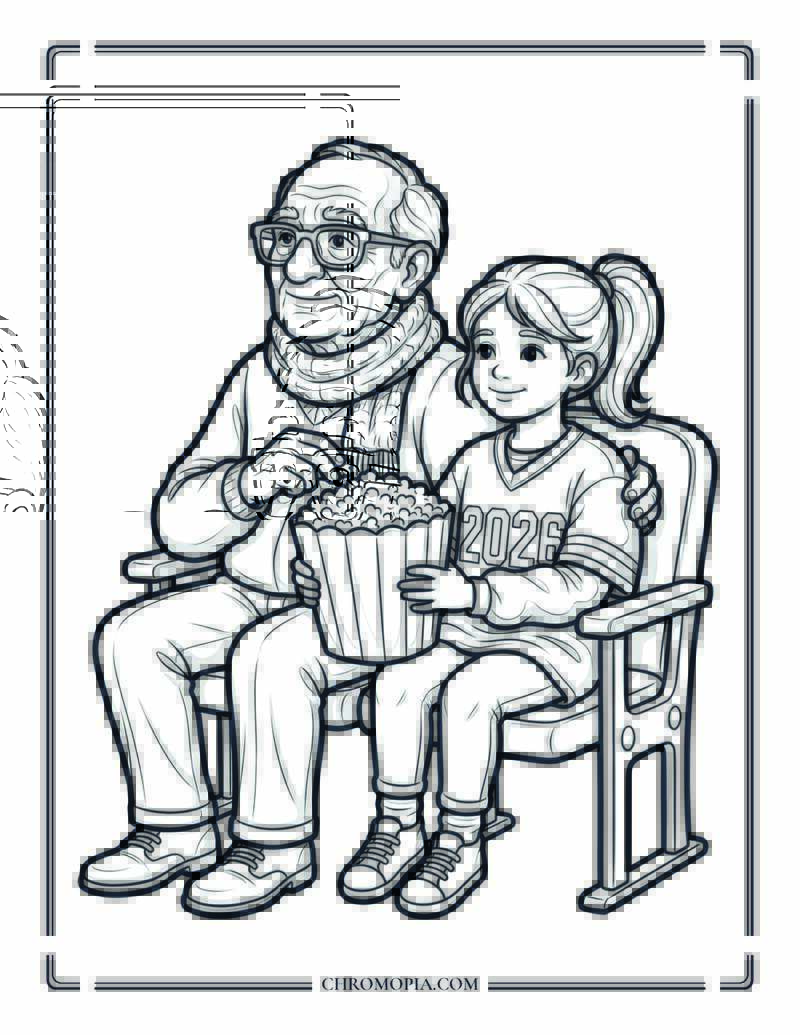 Grandfather And Granddaughter At The Soccer World Cup 2026 Coloring Page