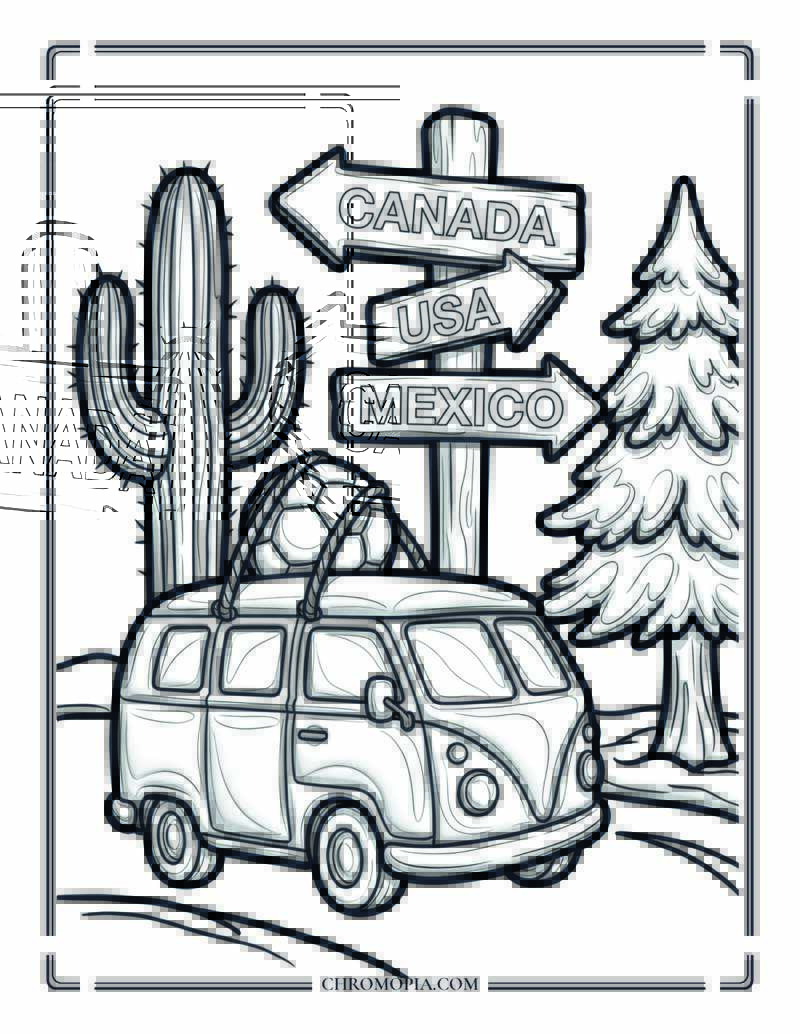 Soccer World Cup 2026 Road Trip Coloring Page