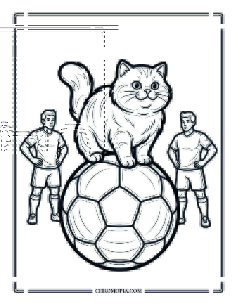 Cat Sitting On The Soccer Ball Coloring Page
