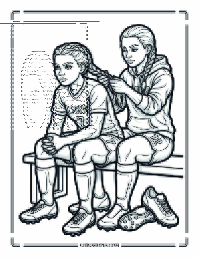 Girl Braiding Hair Before The Soccer Match Coloring Page
