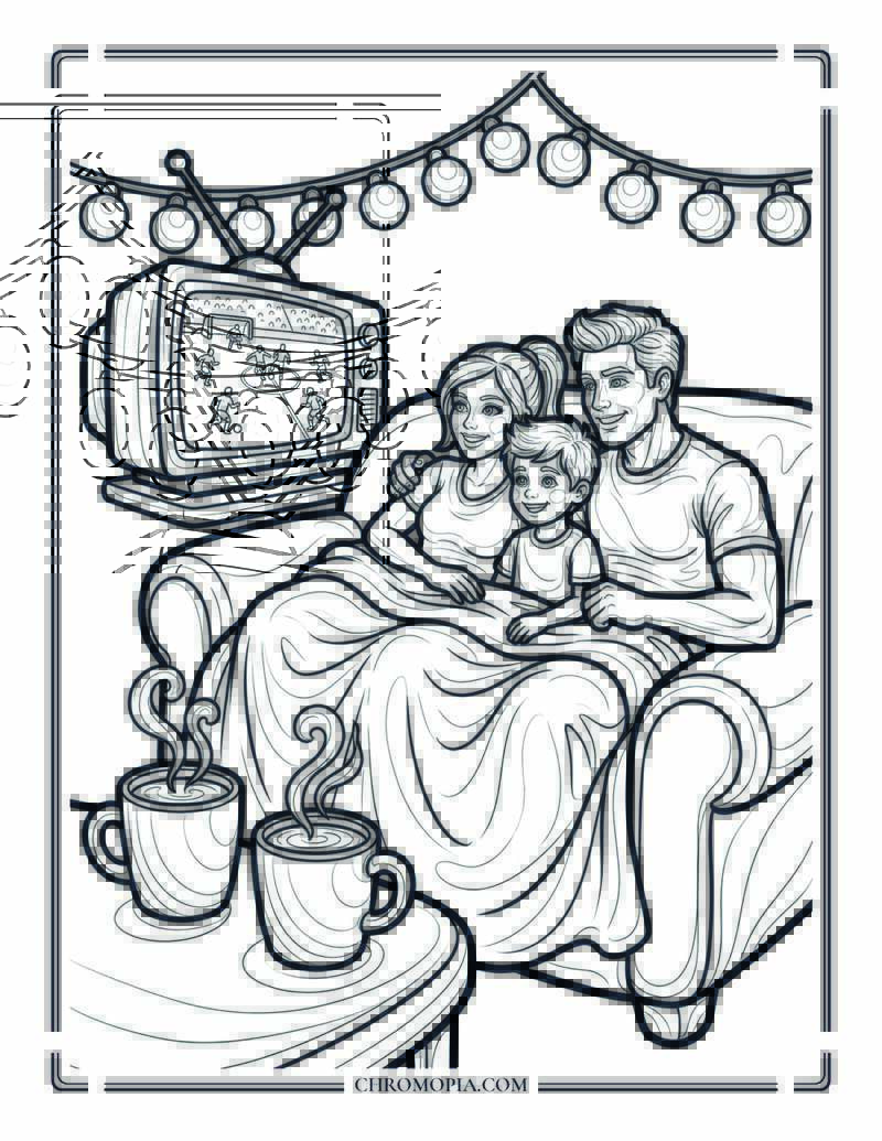 Cozy Family Soccer Night Coloring Page