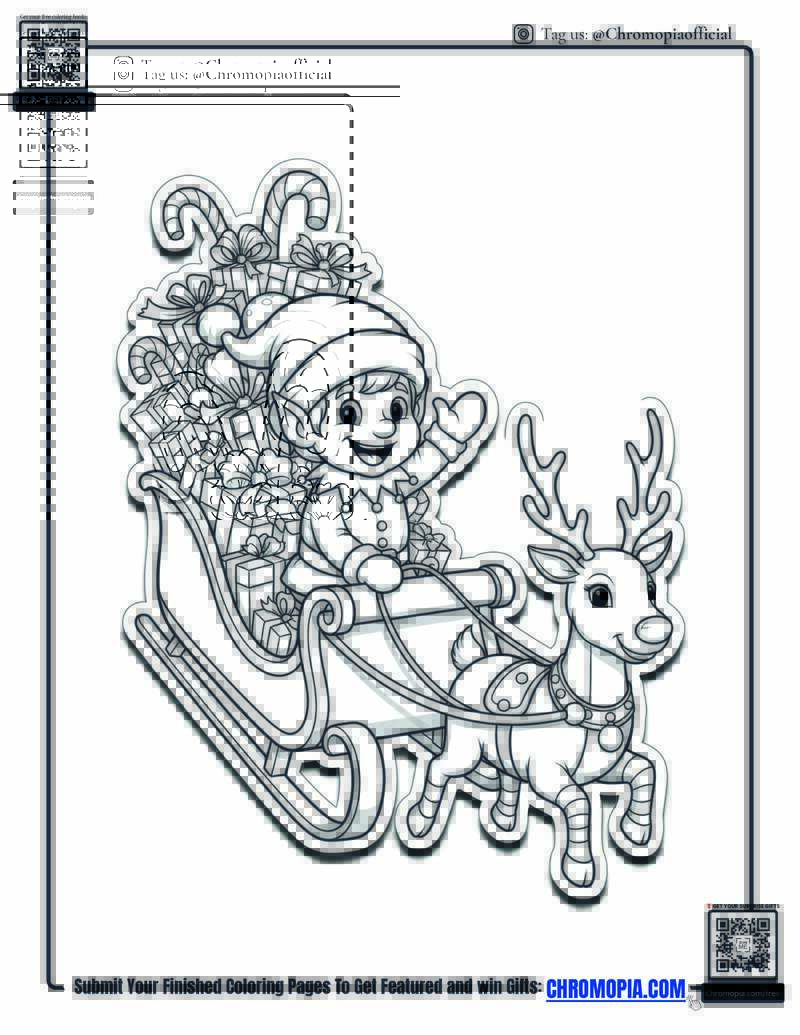 4  Christmas Elf Riding Sleigh Coloring Page
