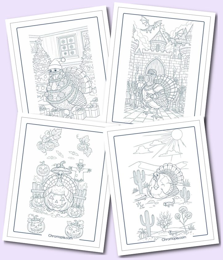 3D Ultra Realistic Turkey Disguise Coloring Pages in Different Turkey Worlds