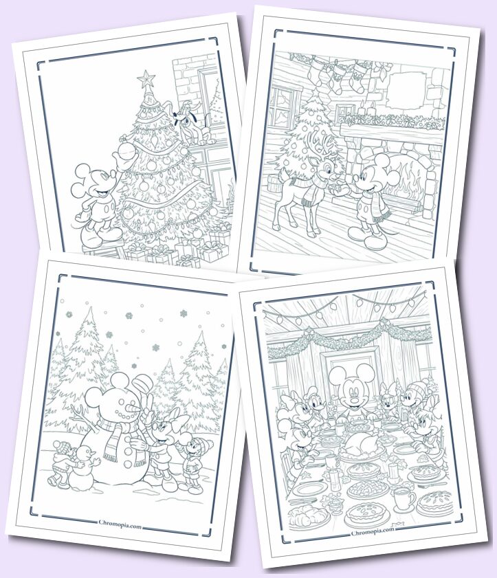 4 Christmas Mickey Mouse Coloring Pages for Kids, Teens, and Adults