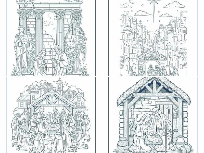 Adult-Style Detailed complex settings Nativity coloring pages
