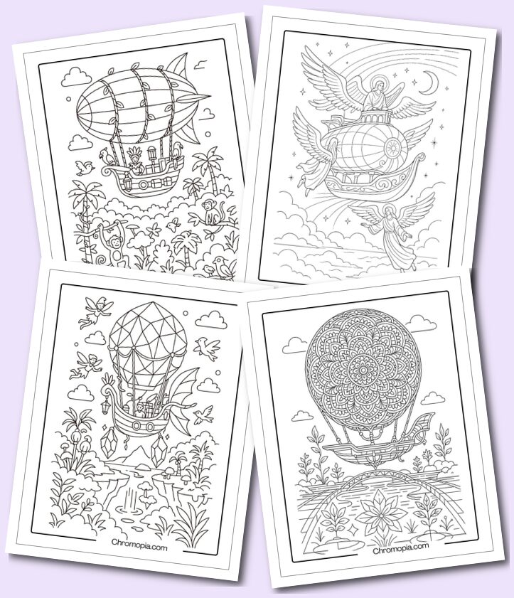 Airship Coloring Pages. Tractor Balloon Over a Farm Landscape – Hot Air Balloon Coloring Page